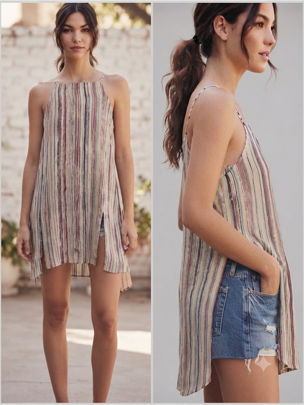BCBG Striped Sleeveless Tunic Top in Neutral & Burgundy Tones